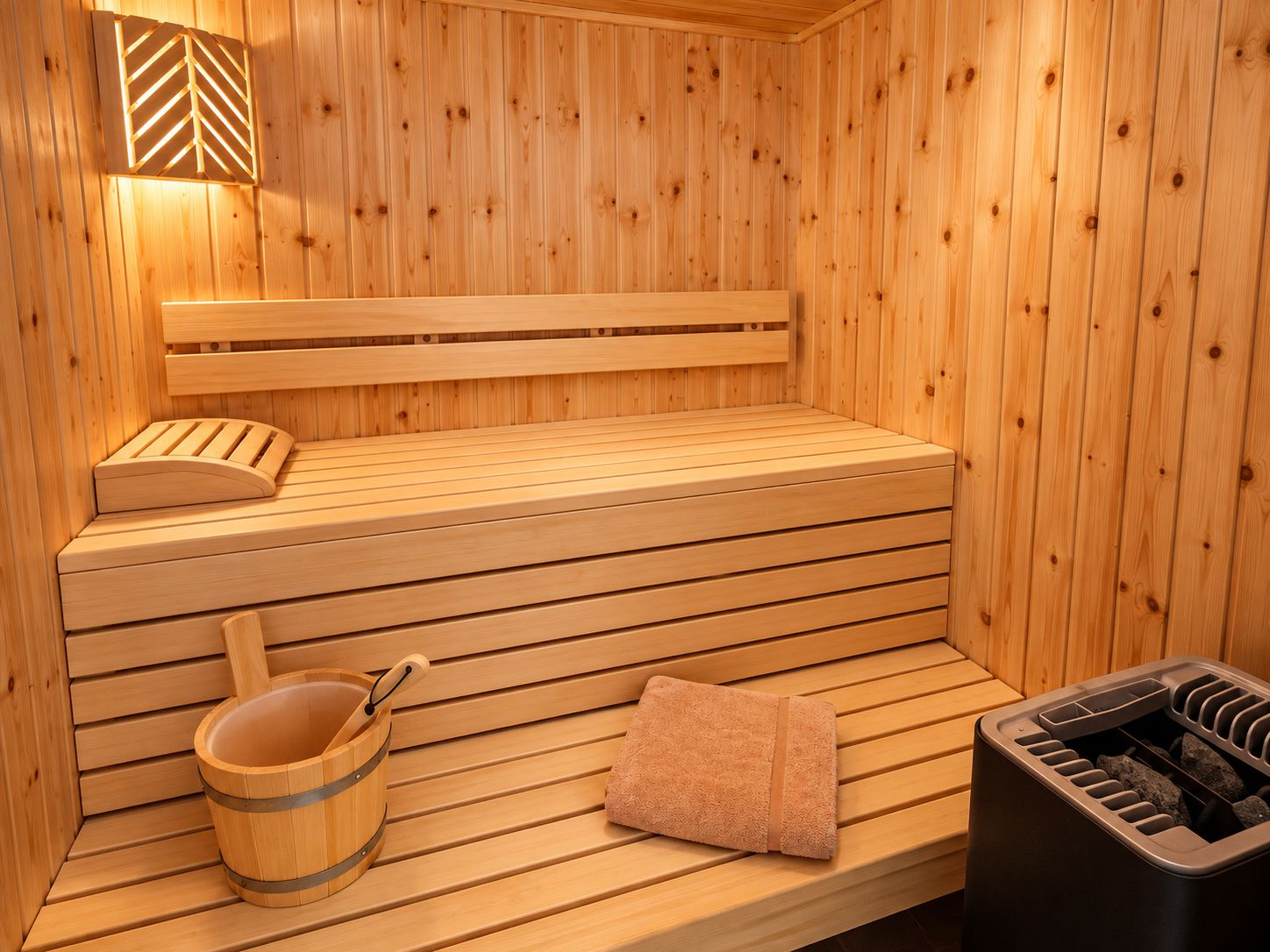 Sauna mit Holzbänken im Erdgeschoss